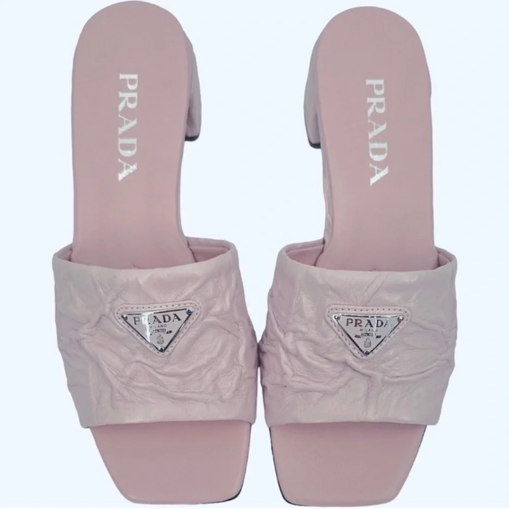 Prada Crinkled Leather Block-Heel Slip on Logo Mules Sandals size 8 Pale Pink